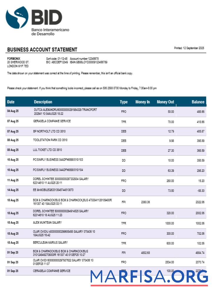 Realistic Ecuador Banco Interamericano de Desarrollo (BID) firm account statement Word and PDF format sample